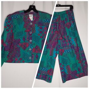 Promises Petite Set Coulotte Jacket Womens 16P Vtg Artsy Southwestern Coastal